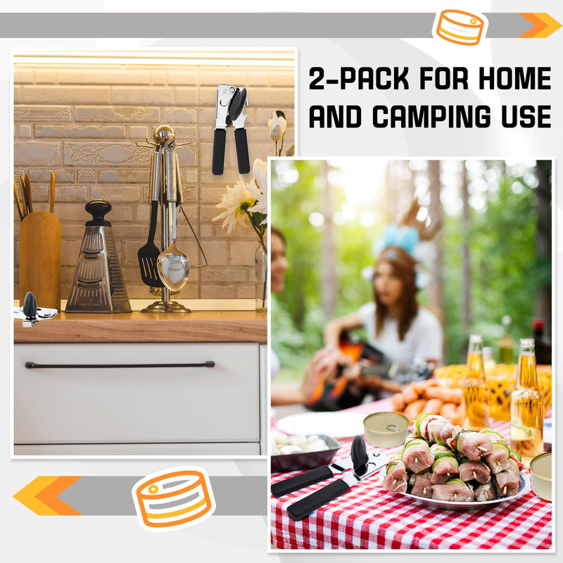2 Pack Manual Can Opener with Magnet, Smooth Edge Handheld Can Opener for Seniors with Sharp Blade and Grip Handle, Heavy Duty Tin Bottle Cutter for Kitchen Camping, Black