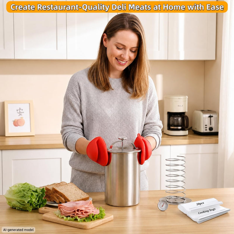 Deli Meat Press Stainless Steel with Thermometer, Lunch Meat Press Mold, Ham Maker Meat Press Tool, with 20 Cooking Bags + 2 anti-scalding clips, for Making Sandwich (Deli Meat Press Set) Deli Meat Press Set