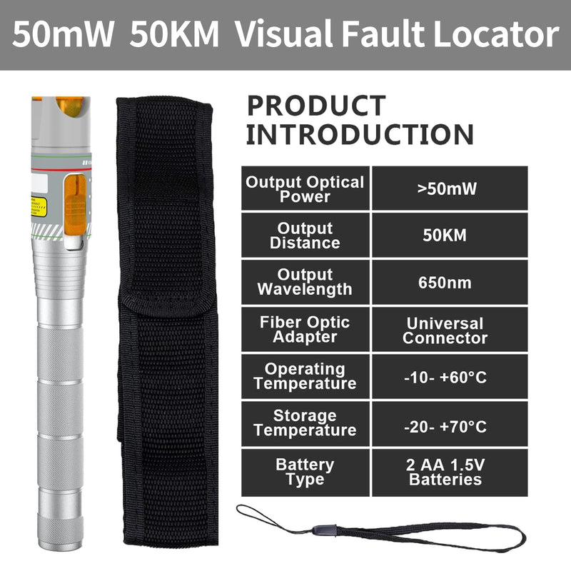 Fiber Visual Fault Locator with FC/LC Adapter Kit, VFL Include Single Mode 9/125um FC Male to LC Female Connector, Red Light Pen for CATV Telecommunications Engineering Maintenance Sliver VFL-50 Pro 1