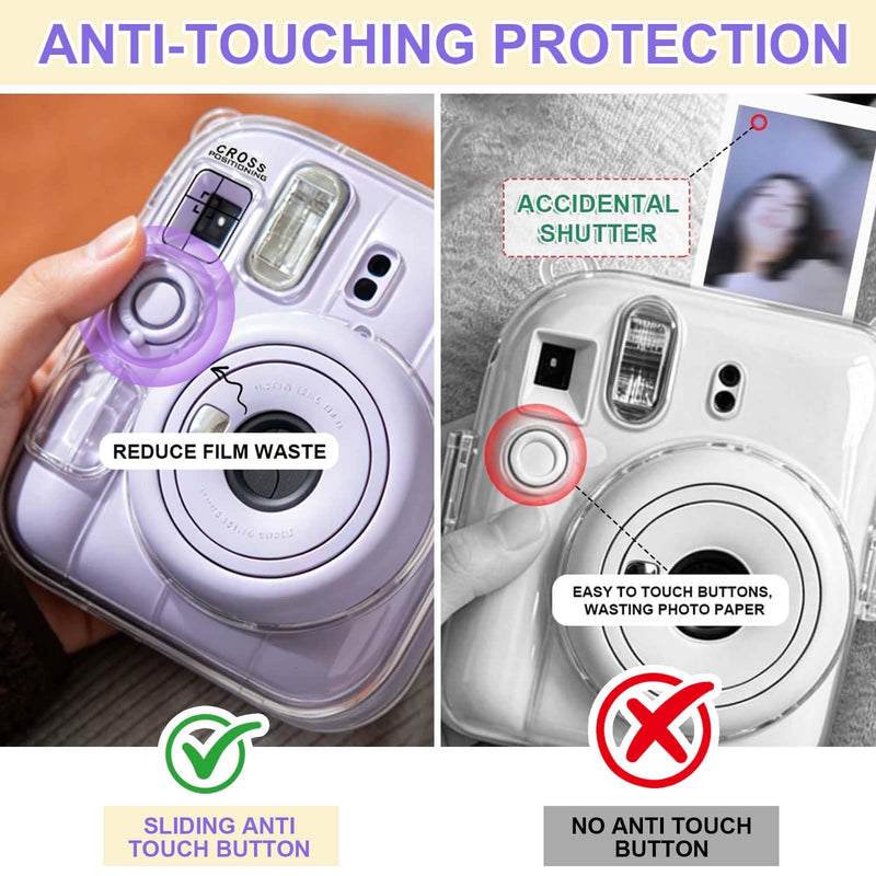 Clear Camera Case for Fujifilm Instax Mini 13, Purple Camera Strap | Protective Cover with Anti-Accidental Shutter, 4 Composition Cards, Photo Storage Holds 10 Films,Clear Hard Shell, No Camera