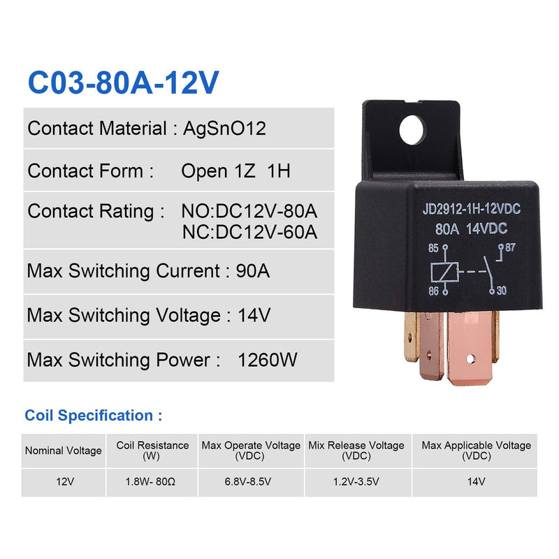 EHDIS 4-Pin Relay 12V 80A Automotive Car Relay On/Off Normally Open Car Truck Boat SPST Relays High Power Model JD2912-1H-12VDC 80A 14VDC [2 Pack]
