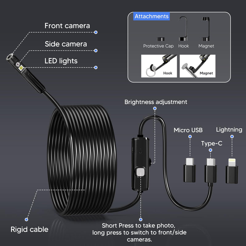 BlueFire Upgraded Endoscope Camera with Light, 1920P HD Borescope, 16.4ft Semi-Rigid Snake Camera for Android and iOS Smartphone, Tablet, Black, IP67 Waterproof 16.4 FT