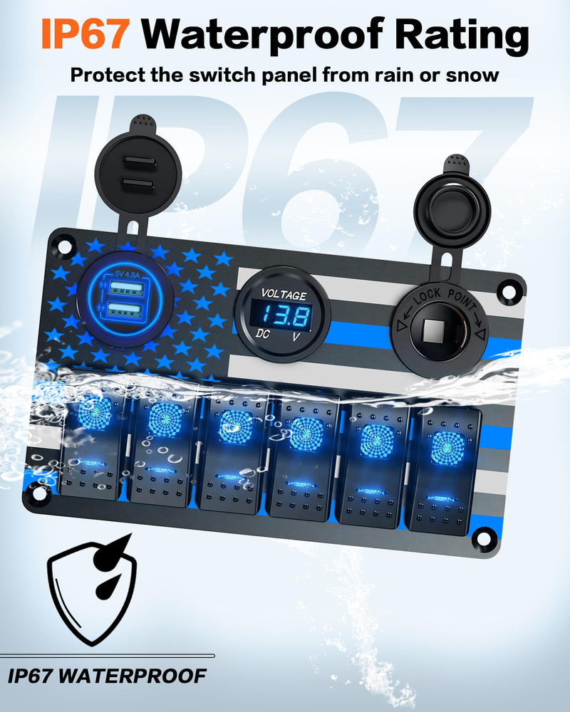IZTOSS 6 Gang Switch Panel Waterproof Rocker Switch Panel Aluminum American Flag Design Marine Swtich Panel with Dual USB Charger, Digital Voltmeter, Power Socket for Boat Car RV Blue LED