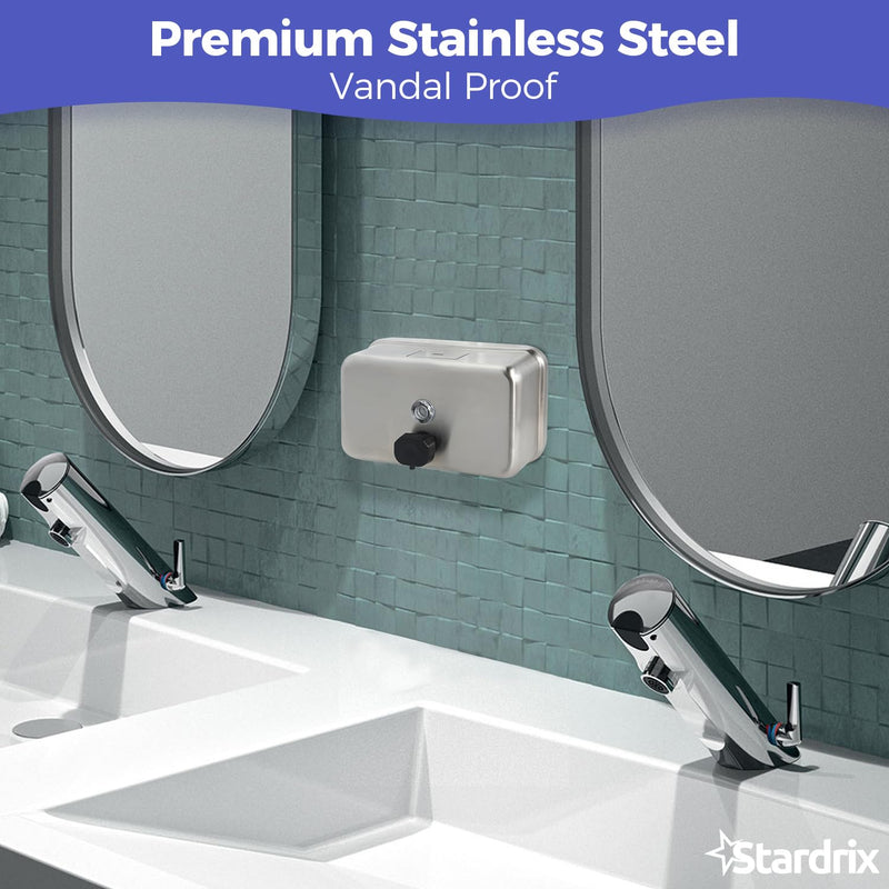 Heavy Duty Stainless Steel Wall Mount Soap Dispenser, 1100ml/37oz, with Corrosion Proof Lining and Anti-Leak Pump for Commercial & Home Bathroom Kitchen (Horizontal) Horizontal