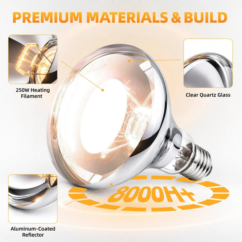 250W Clear Heat Lamp Bulbs, 8000 Hours Rated, R40 Bathroom Shower Incandescent Light Bulb, Infrared Heating for Chickens, Reptiles, Pets, Food, E26 Base, 4 Pack White