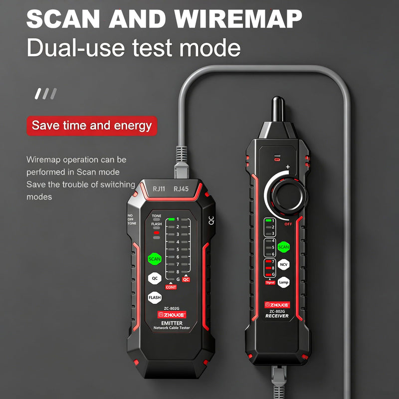 Network Cable Tester, RJ45/RJ11 Wire Tracer and Line Finder, Tone Generator Ethernet Cable Tester, Cable Tracer for LAN/POE /Cat5/Cat6 Networks, Cable Verification and Telephone Line Testing ZC-802G