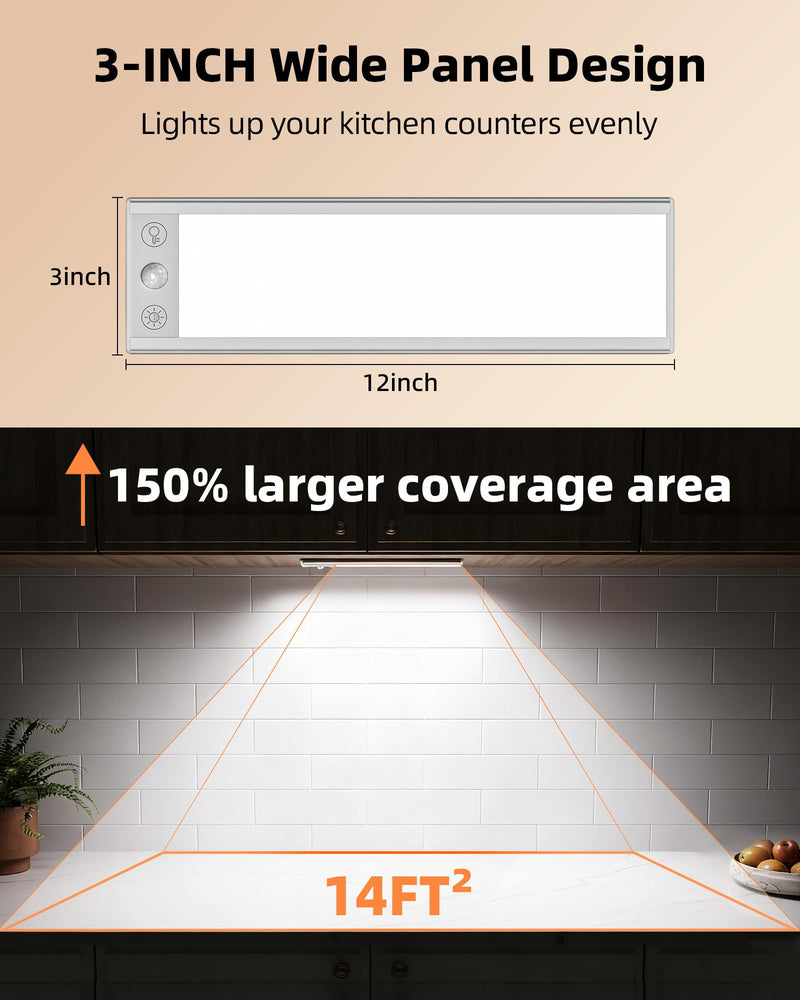 EZVALO 220LM Super Bright Under Cabinet Lighting Wireless, 5000mAh Rechargeable Battery Motion Sensor Light Indoor, Dimmable Under Counter Lights for Kitchen, 3-Inch Ultra-Wide Panel Closet Light White 2Pack-12inch
