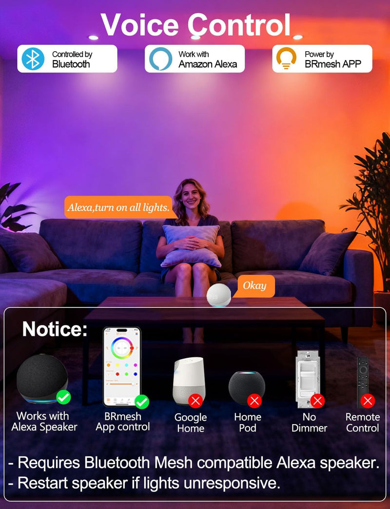 iLC 4 inch LED Recessed Lighting Color Changing, Work with Alexa (Alexa speaker Required), APP Controlled, RGB Canless Recessed Lights, 16 Million Colors, 2700K-6000K,10W,900LM, Bluetooth Mesh,6 Packs 4inch 6.0
