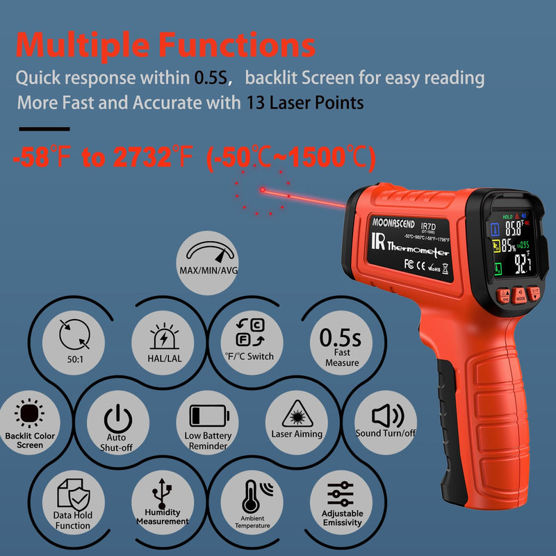 Infrared Thermometer Gun, -58°F to 2732°F, Dual-Mode 50:1 | 932°F K-Type Probe Included，Protective Tool Case Included，Industrial HVAC & Equipment Diagnostics Orange/-58°F to 2732°F and -4°F to 932°F