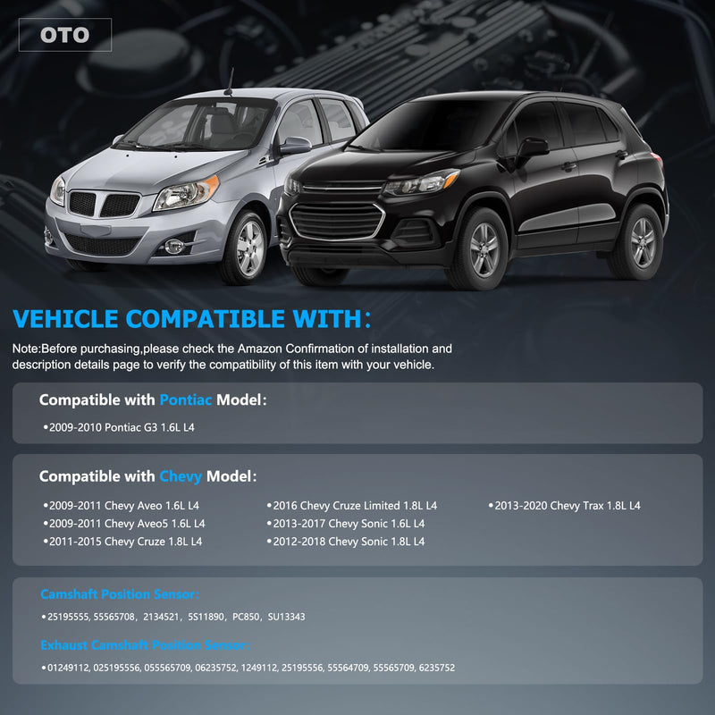 OTO-K Intake and Exhaust Camshaft Position Sensor Compatible with Chevy Cruze Trax 1.8L L4,Sonic Aveo 1.6L 1.8L L4,Pontiac G3 1.6L L4,Replace#55565708 55565709 25195555