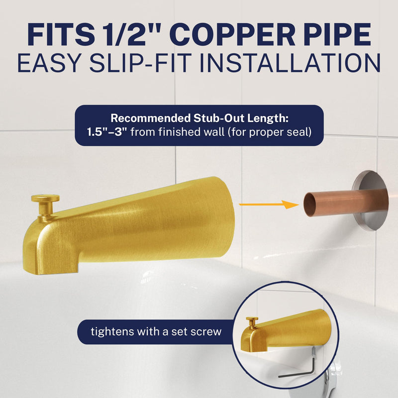 HammerHead Showers Solid Metal Tub Spout with Diverter, Slip On Bath Tub Spout for ½” Copper Pipe, Easy Install Bathtub Faucet, Brushed Gold