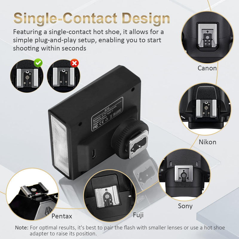 G12 Mini Camera Flash Speedlite, GN12 5600K,USB-C Charging Built-in 1200mAh Battery Compatible for Canon/Sony/Fujifilm/Nikon/Panasonic/Olympus,Speedlight Photography for Cameras with Single-Contact