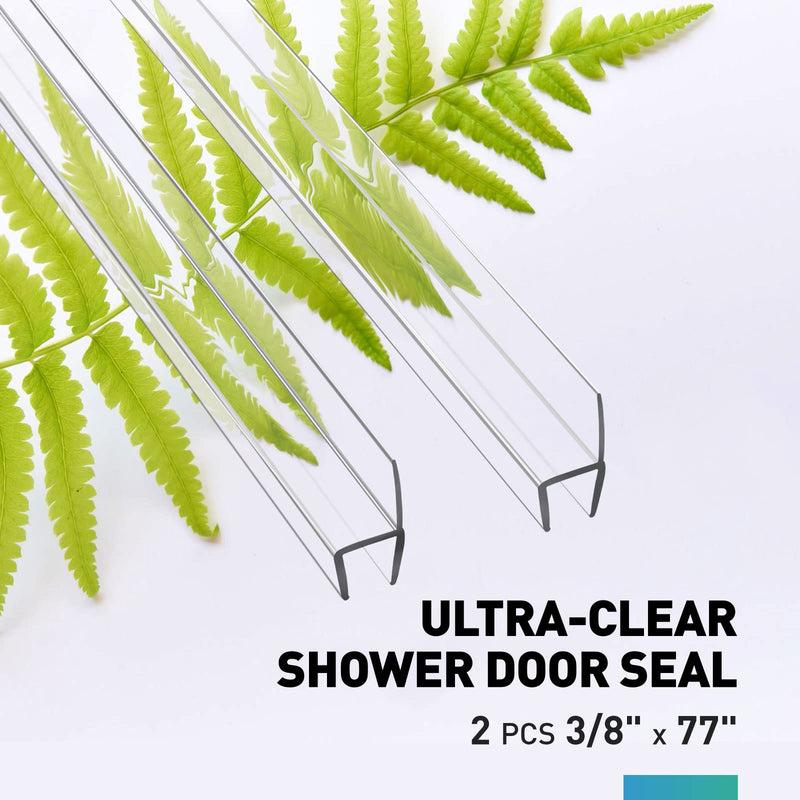 Shower Door Seal Strip, 2 PCS 3/8" X 77" Frameless Glass Door Side Seal for 3/8 Inch Glass, Clear Door Sweep to Stop Leaks and Create Water Barrier For 3/8" Glass-2PCS X 77"