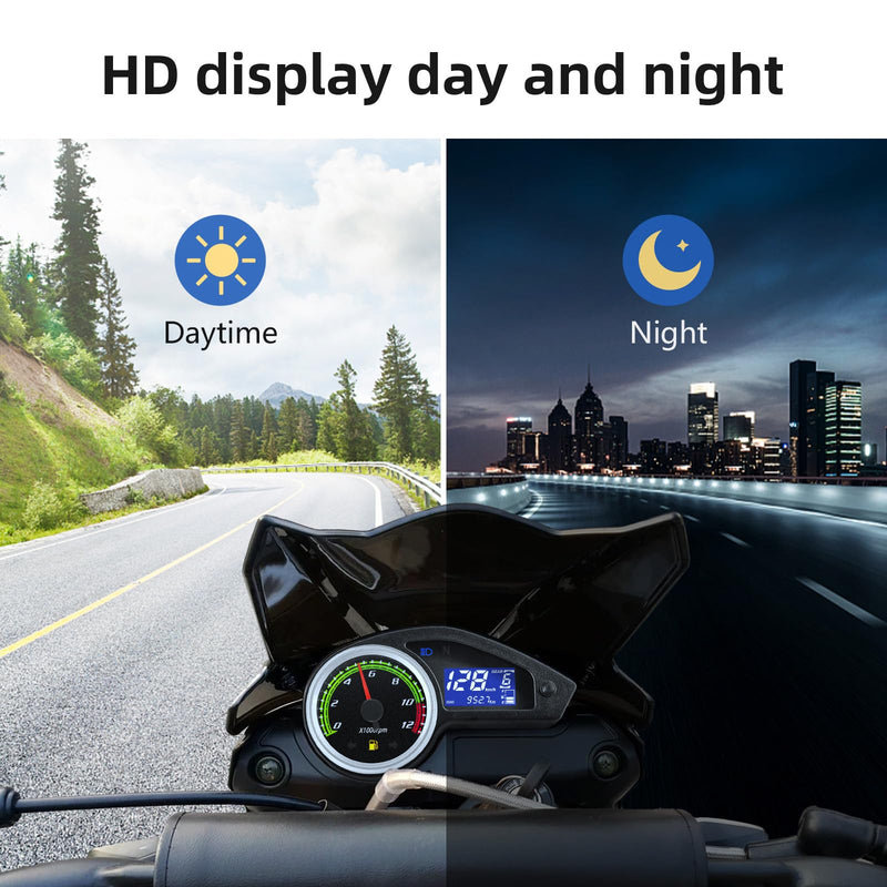 Universal Motorcycle Speedometer Gauge Digital Speedometer for Motorcycle LCD Gauge Cluster MPH Dashboard Speedo Meter with Tach, Odo, Oil Level, Gear