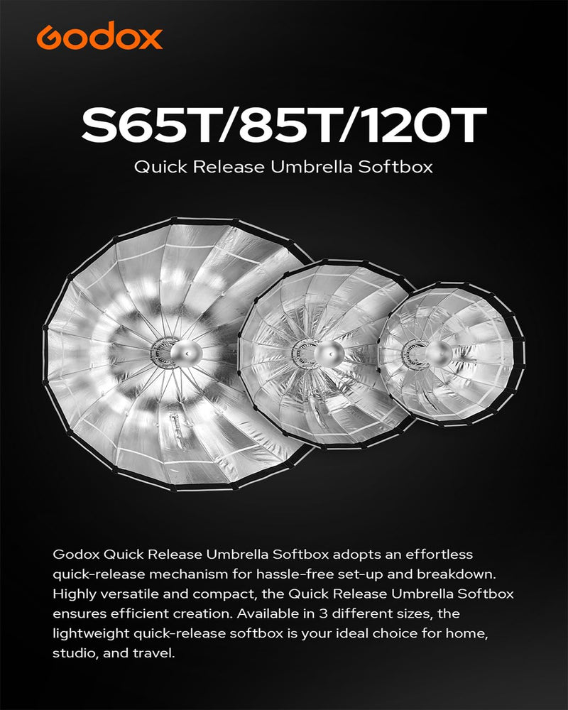 Godox Softbox S65T 25.6in/65cm Quick Release Umbrella Softbox Bowens Mount - Portable Versatile Precise Control - Ideal for Studio Photography Live Streaming and Travel 25.6" Without Grid