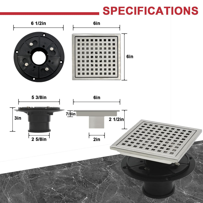 6 Inch Square Shower Floor Drain with Flange, Removable Quadrato Pattern Grate, Food-Grade SUS 304 Stainless Steel, Brushed Nickel with Hair Filter & Anti-Drop Design 6 Inch