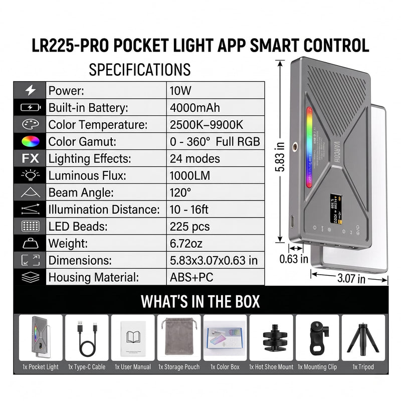 225 LED Portable Selfie Light, Video Conference Light, 4000mAh Rechargeable, App Control, Tripod, Metal Hot Shoe, Clip, CRI 97+, 24 Light Modes for Phone, Camera, Live Streaming, Makeup, Photography