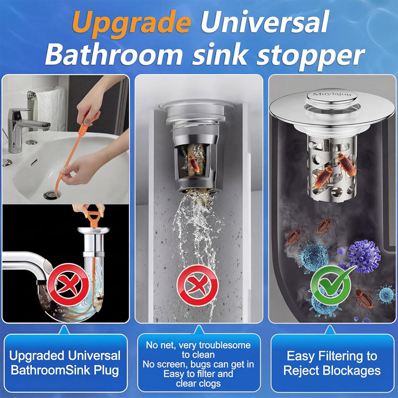 2 Pack 3-in-1 Universal Sink Drain Strainer,Muyiajou Pop Up Stopper with Hair Catcher, Stainless Steel Replacement Plug with Removable Filter Basket for 1.1" to 2.36" Bathroom Sink Basin (2, Silver)