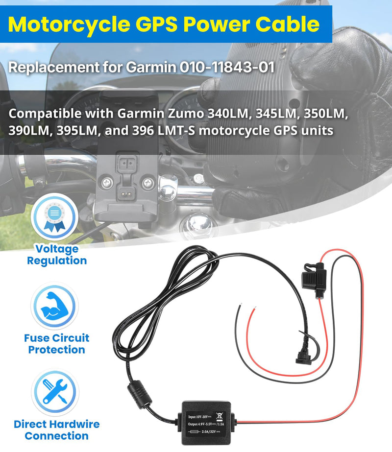 Motorcycle GPS Power Cable Compatible with Garmin Zumo 340, 345, 350LM, 390LM, 395LM & 396 LMT-S, Hardwire Power Cord Harness Replacement for Garmin 010-11843-01