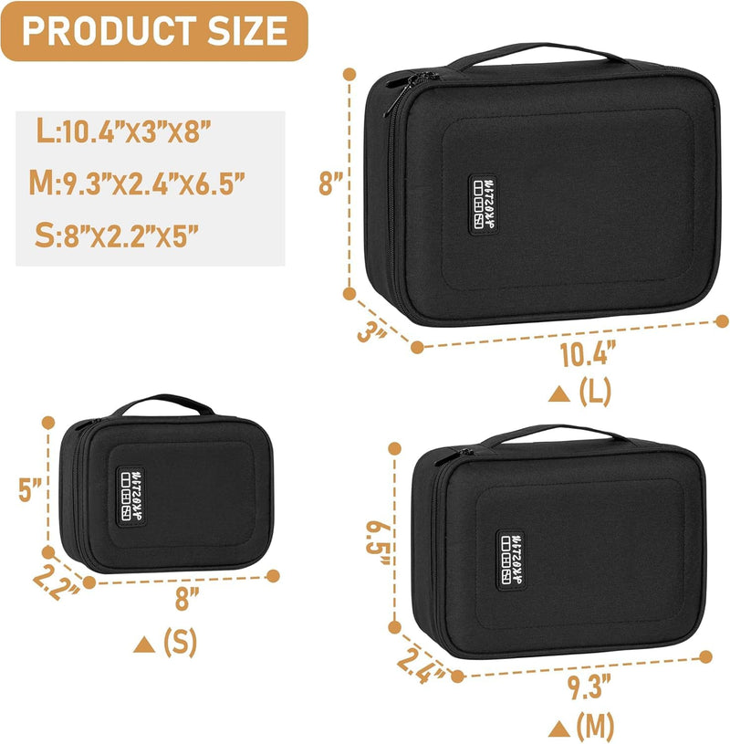 AKOZLIN Cable Organizer Bag, Padded Electronic Organizer Travel Case | Double Layer Cord Organizer Case 3pcs/set, DJ Cable File Accessories Bag with Adjustable Divider, Black