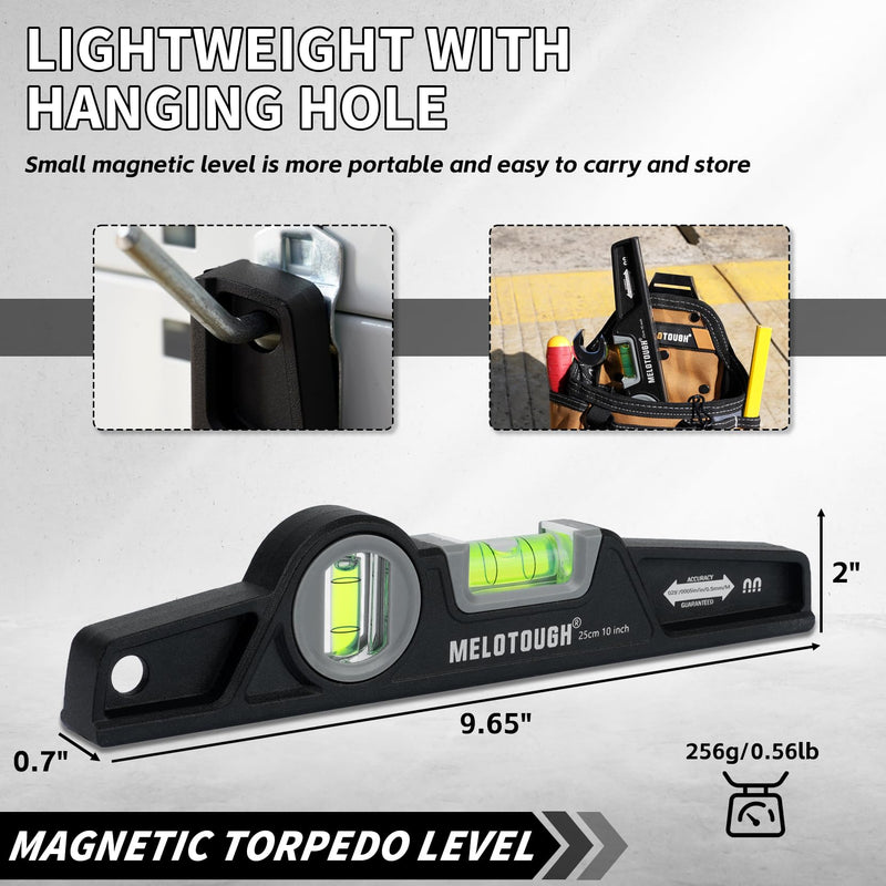 MELOTOUGH 10 Inch Die-Cast Magnetic Torpedo Level,Magnetic Level for Carpenter,Construction,Scaffolding, Plumbing,Torpedo Level with Rare Earth Magnet,Pencil and Holster,Black Black-1PCS