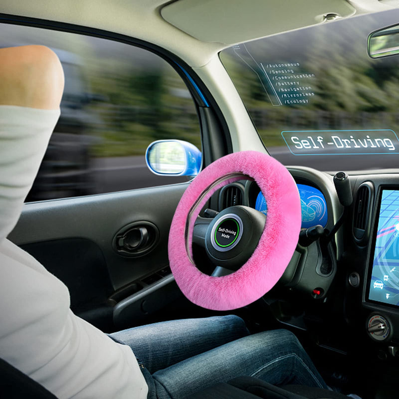 7PCS Set car Interior Aesthetic Accessories, Fluffy 15 inch Steering Wheel Cover, armrest pad, seat Belt Cover,Gear Shift Cover, Fit Girly car Accessories for Women. Pink