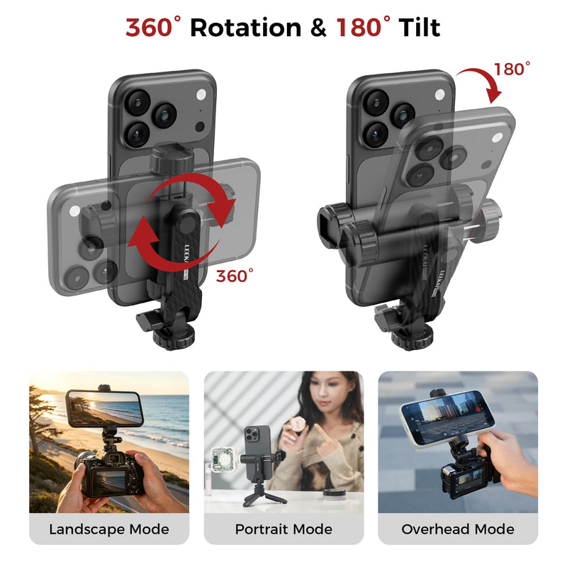LEEKAI PH16 Tripod Phone Mount with 2 Cold Shoe and 1/4" Screw | Universal Smartphone Holder Adapter, Mount Adapter, 360° Rotates and 180° Tilts Adjustable Cell Phone Clamp Holder for Tripod