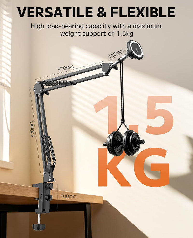 VRIG Magnetic Wireless Charger Phone Stand for Bed Desk Flexible Long Arm | Magsafe Overhead Phone Mount Stand for Desk, Adjustable Bedside Laying Down Magic Arm Clamp for iPhone, Vlogging, Drawing Wireless Charger Stand