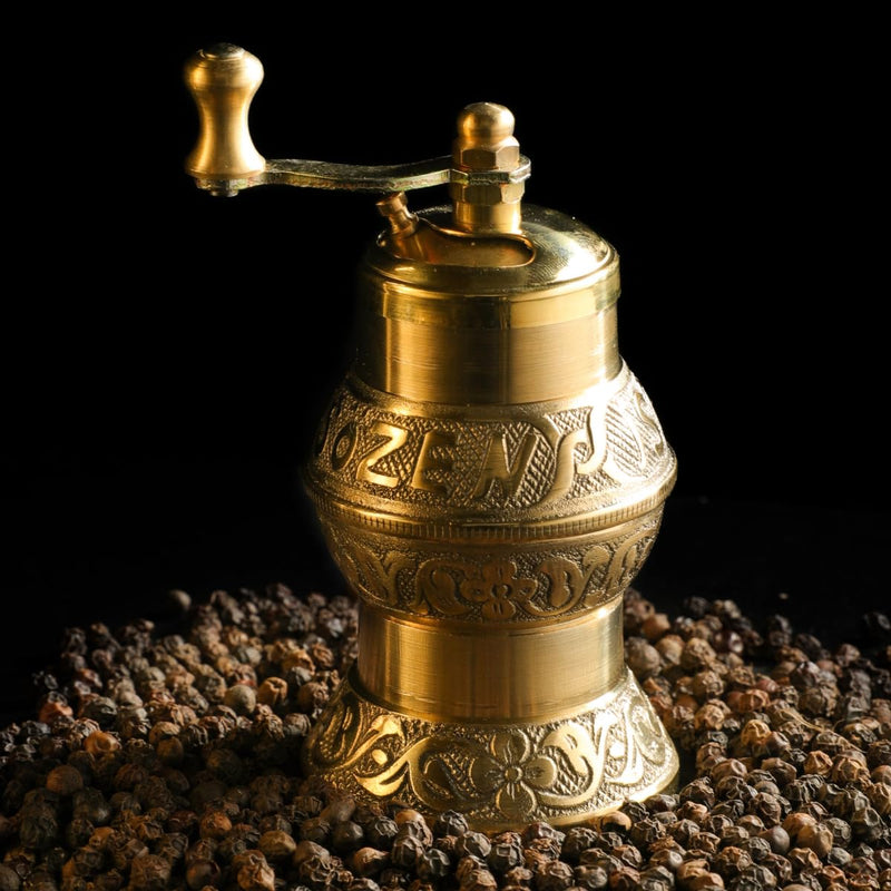 Sozen 4.7" Istanbul Manual Pepper Grinder Brass – Handmade Turkish Pepper Mill, Conical Burr Spice Grinder, Portable Hand Crank Mill for Salt, Peppercorns, and Other Spices with Durable Brass Decor
