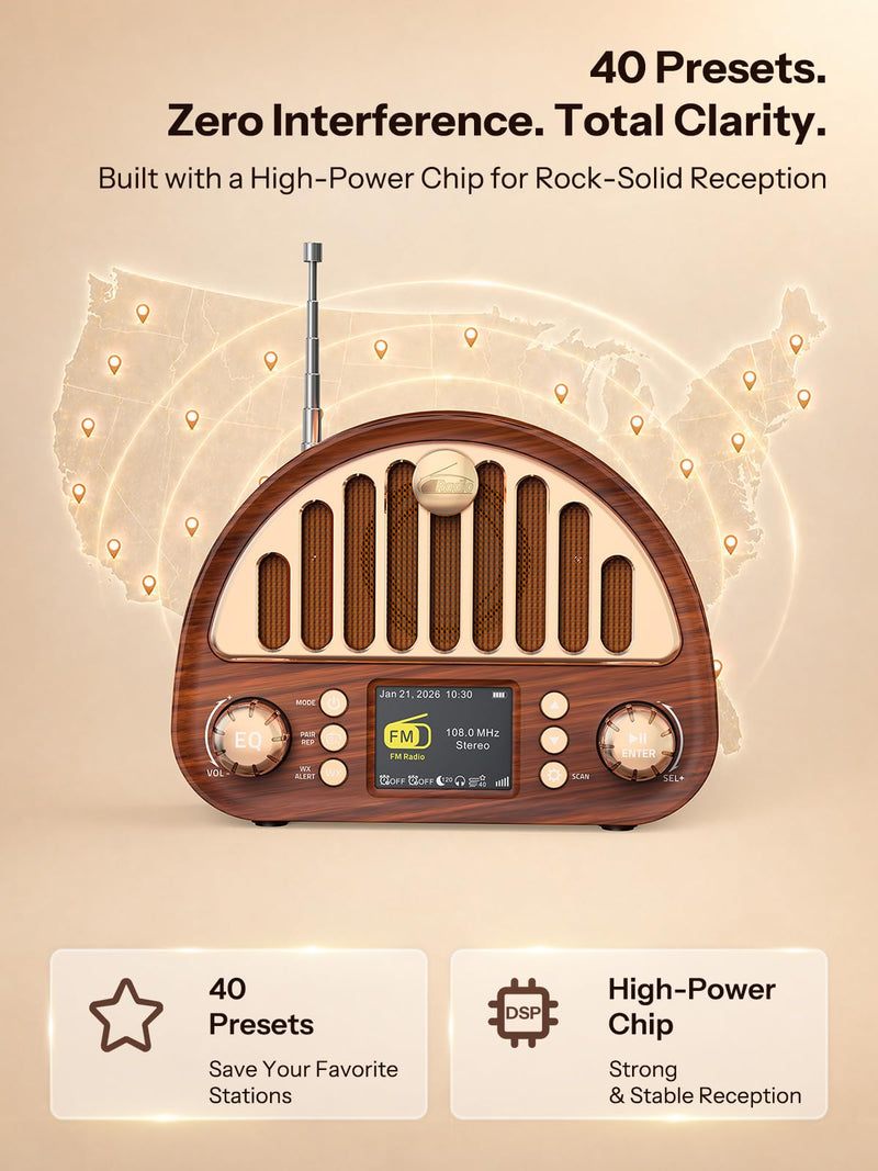 Retro FM Radio with Bluetooth Speaker & NOAA Weather Alert | 40 FM Presets + 7 Weather Bands, 2" Color Display, Dual Alarm, Rechargeable Battery, MicroSD Playback for Home & Office