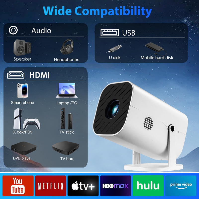 Portable Projector, Mini Room Projector, Built-in Speaker And Bluetooth 5.3, Native 1080P, Compatible With 4K, Supports Smartphone/ TV Stick/ PS5/ Laptop/ X box/ HDMI/ USB (Mini Projector for Bedroom) Mini Projector for Bedroom