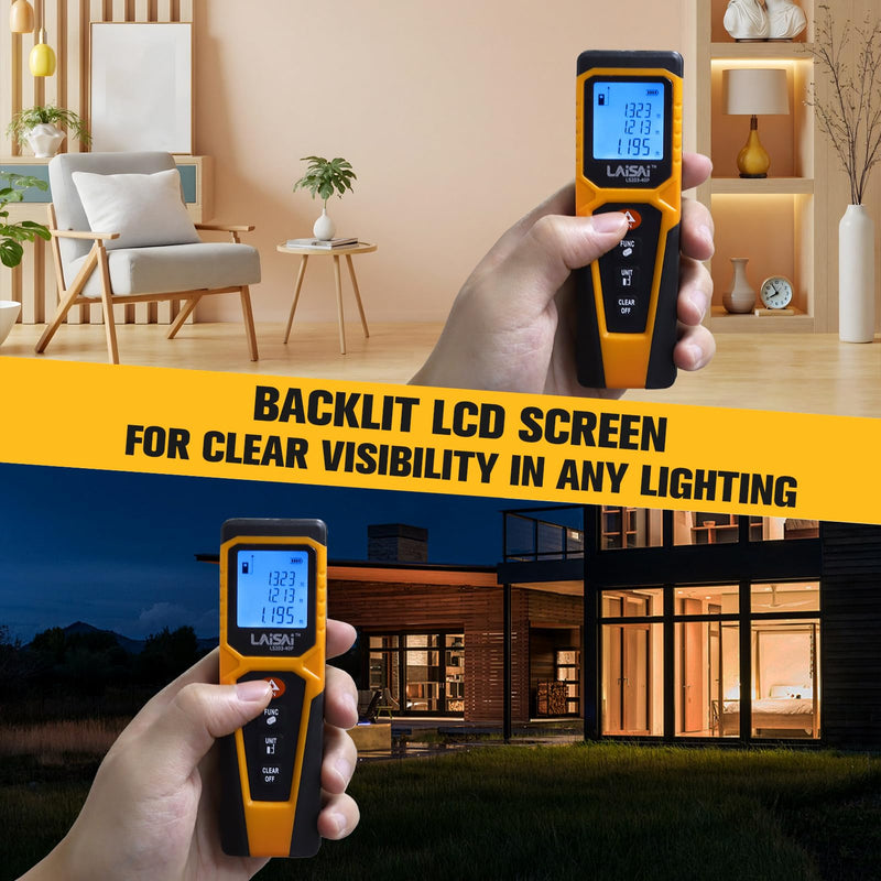 Laser Measure, Laser Distance Measuring Tool, M/in/Ft Unit Switching Backlit LCD and 2 × AAA Batteries, 130 FT Distance Accurate and Fast Measurement Laser:Class IIIA, 0.9mW -1.0MW