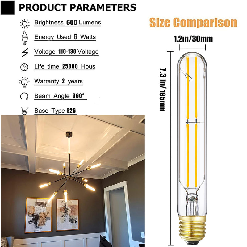7.3 Inch E26 T10 Led Bulb 60 watt 3000k Soft White Edison Bulbs,6W E26 Long Light Bulb Tubular Light Bulb T10 Bulb T9 for Rustic Pendant,Industrial Pipe,Wall Sconces 6 Pack E26 Base(Pack of 6) 6w=60w 3000k
