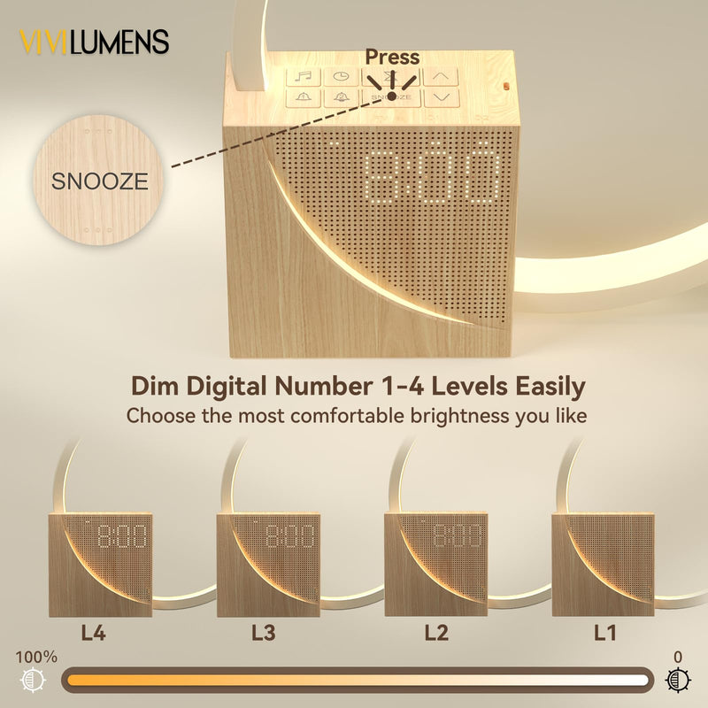 Vivilumens Sunrise Alarm Clock for Heavy Sleepers Adults, Wake-up Light, Sleep Aid 10 White Noise Sound Machines with 30/60/90 Timer, 3 Level Dimmable Touch Table Lamp with Snooze USB Charger Port Wood Grain
