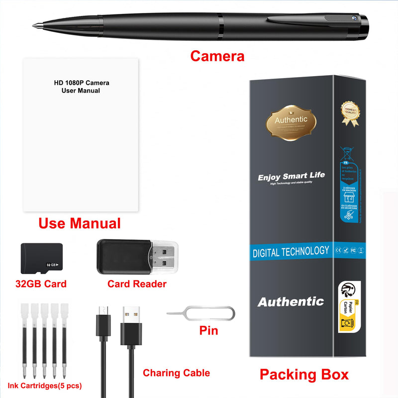 Mini Camera Pen 1080P HD Pet Security Small Cameras with 32GB Memory Card Nanny Cam for Home & House