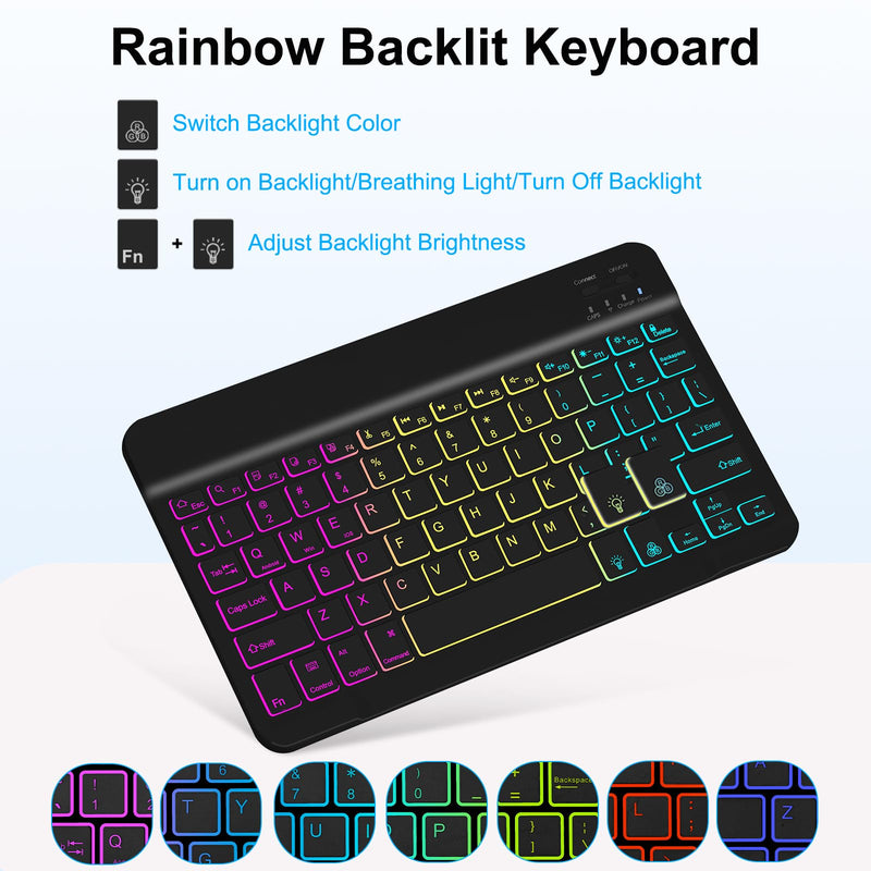 Tablet Case Keyboard for Amazon Fire HD 10/10 Plus 11/13th Generation | 10.1 inch 7 Color Rainbow Backlit Detachable Keyboard Magnetic Cover with Pen Slot HD 10 2021/2023 Black For HD 10&10 Plus 10.1 inch