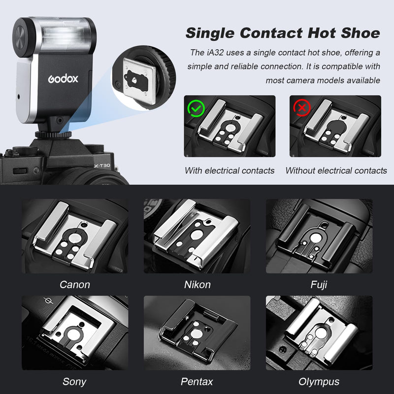 Godox iA32 Mini Camera Flash 490 Full-Power Flash 2.5sRecycle | 8 Levels Automatic Flash GN15 Mini Flash Speedlite for Sony zve10 Sony zv1 Ricoh gr3 Canon Nikon Fuji Olympus Camera