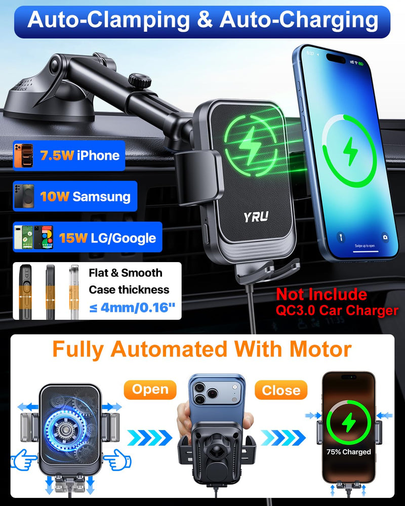 YRU [True Military-Grade Wireless Car Charger Mount, 15W Charging Auto Clamping Car Phone Holder [98+LBS Strong] Dashboard Windshield Vent Cellphone Holder for iPhone 17 16 15 Pro Max, Space Black