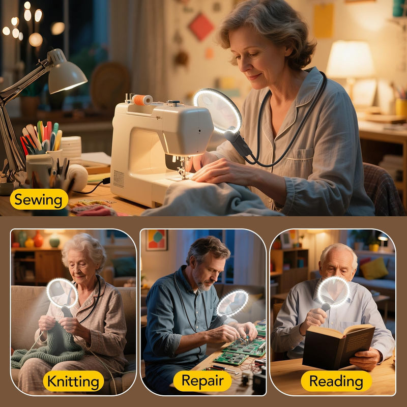 2500mAh Magnifying Glass with Light, 5X/10X Hands Free Magnifier for Reading, Sewing, Knitting, Cross Stitch & Crafts, Lighted Magnifier for Seniors & Low Vision 2500mah | No Display Neck-Worn Magnifier