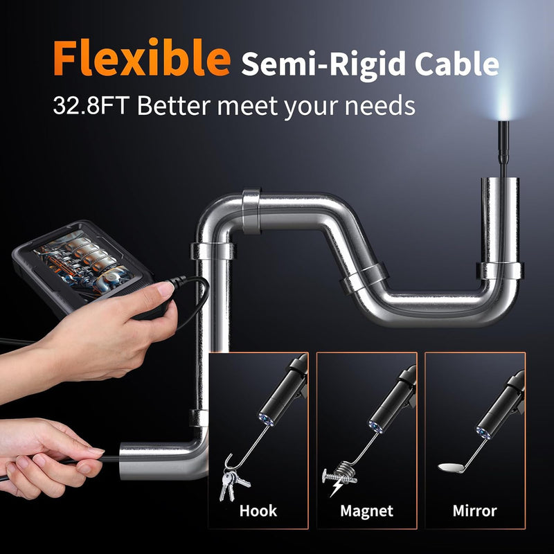 Dual Lens Endoscope Camera with Light, 1080P Borescope Inspection Camera with 5" IPS Screen, 32.8FT Semi-Rigid, 8+1 LEDs & 32GB Card, 7.9mm IP67 Waterproof Sewer Snake Cam for Car Plumbing Wall