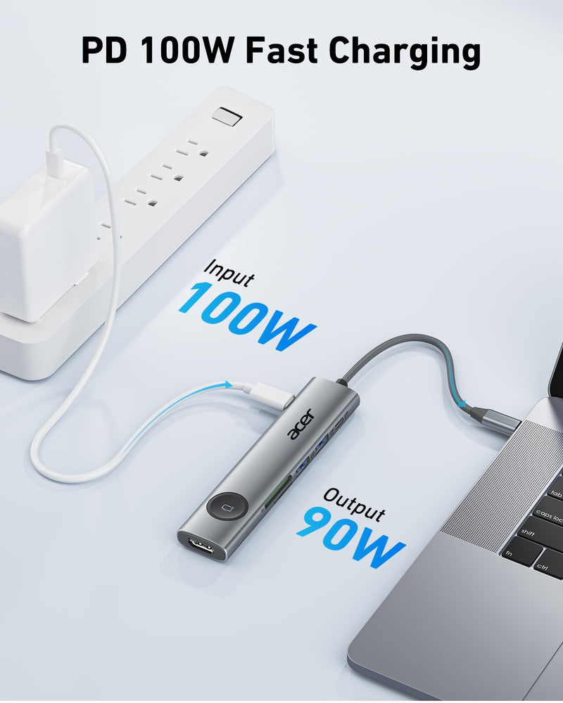 Acer 4K@60Hz USB C Hub, 7 in 1 USB C to HDMI Splitter with USB-A 3.1 & Type-C Data Port, 100W PD & SD Card Reader, USB-C to HDMI Adapter for iPad Pro MacBook Pro Acer Laptops & Other Type C Devices Grey