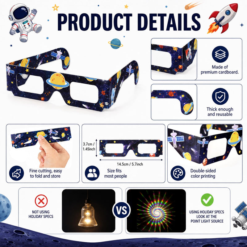 12PCS Outer Space Party Diffraction Glasses Solar System Decor Space Astronaut Birthday 3D Diffraction Paper Glass Galaxy Planet Party Refraction Glasses for Light Eyeglass Prop