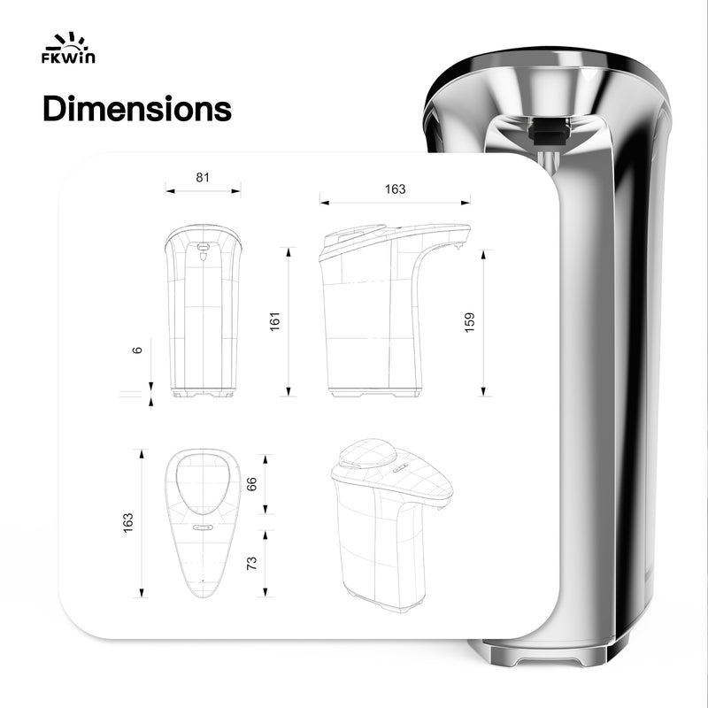 FKWin Automatic Soap Dispenser, Touchless Sensor Hand Soap Dispenser 17oz/500ml, 5 Adjustable Dispensing, Wide Opening Refillable Reservoir, Battery Powered for Bathroom & Kitchen – Silver Transparent