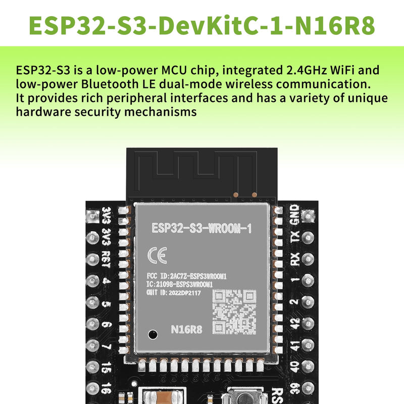5pcs Pre-Soldered ESP32-S3-DevKitC-1-N16R8 Development Board Integrated 2.4GHz WiFi Bluetooth 5.0 ESP32-S3-WROOM-1 Microcontroller Processor Dual Type C Interface for Arduino 5pcs N16R8