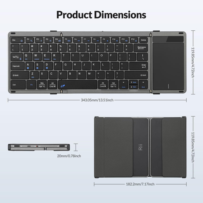 Rii RK809Pro Foldable Bluetooth Keyboard with Touchpad | Full Size,Portable Folding Keyboard with Touchpad,Rechargeable for iPad,iPhone,iOS,Windows,MAC,Android
