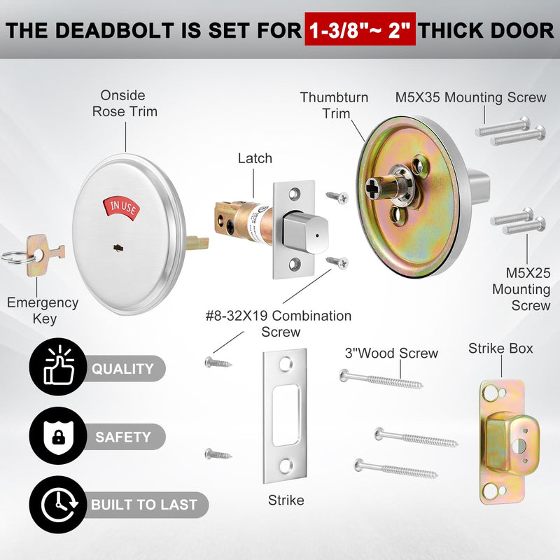 Tandefio 1 Pcs Vacant Occupied Bathroom Lock, in Use Deadbolt with Occupancy Indicator, 304 Stainless Steel, Fit Door Thickness 1 3/8" to 2", Not Adjustable, for Restaurants, Hotels, Offices (Silver) Silver