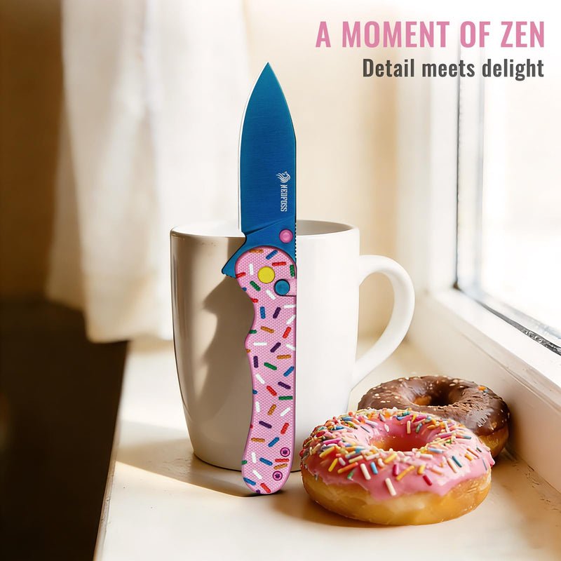 NedFoss DONUT Pink Pocket Knife for Women Men, 2.9" Blade Small EDC Knife, 14C28N Steel Button Lock Knife, Unique Donut Design G10 Handle Folding Knives DONUT_PINK