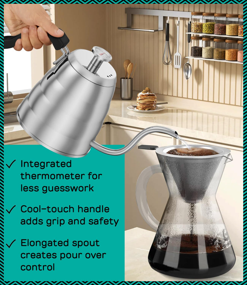 Coffee Gator Gooseneck Kettle with Thermometer - 40oz Premium Stainless Steel Pour Over Coffee Maker Kettles, Stove Top, w/Precision Drip Spout, for Drip Coffee, French Press, Tea Kettle, 5 Cup, 1.2L 40 fl oz