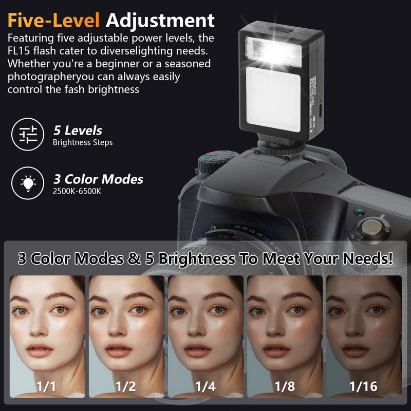 Camera Flash with Video Light, 2500K-6500K Mini Flash Speedlite, Adjustable Brightness Small Camera Speedlight, Universal Single Contact Hot Shoe Mount, Compatible with Canon/Nikon/Sony/Fuji/DSLR Black B