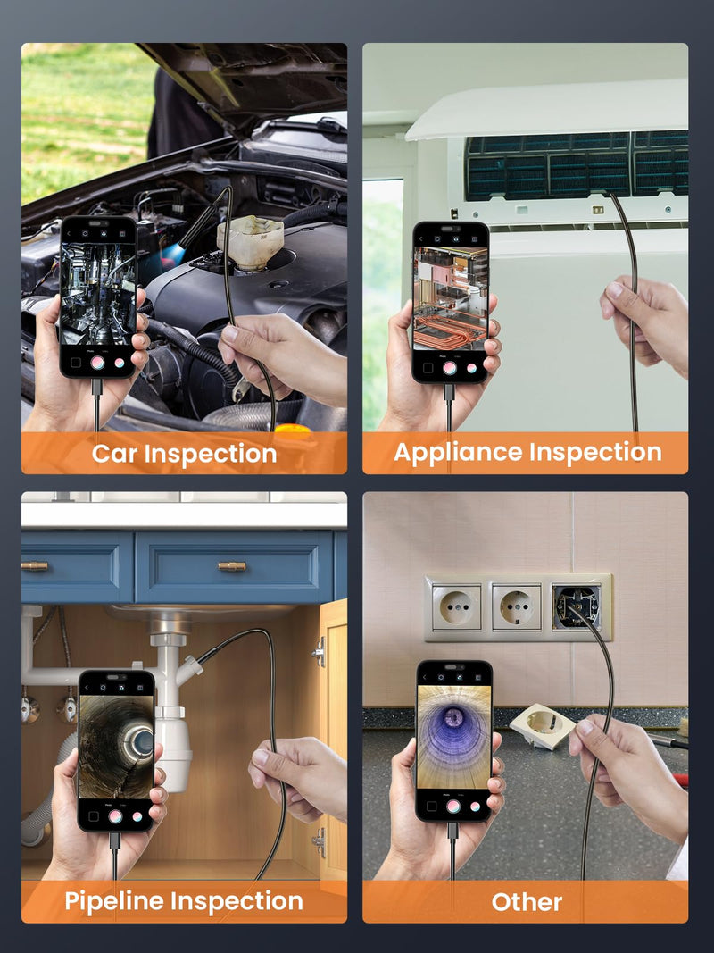 Endoscope Camera with Light, 1920P HD Borescope with 8 LED Lights, 33 FT Semi-Rigid Snake Inspection Camera, IP67 Waterproof Drain Pipe Borescope Mens Tool for iOS and Android